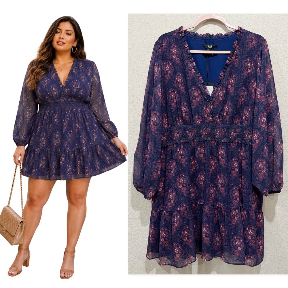PAIGE Floral Mini Dress Navy XL Paisley Smocked Ruffle Boho Romantic Whimsigoth